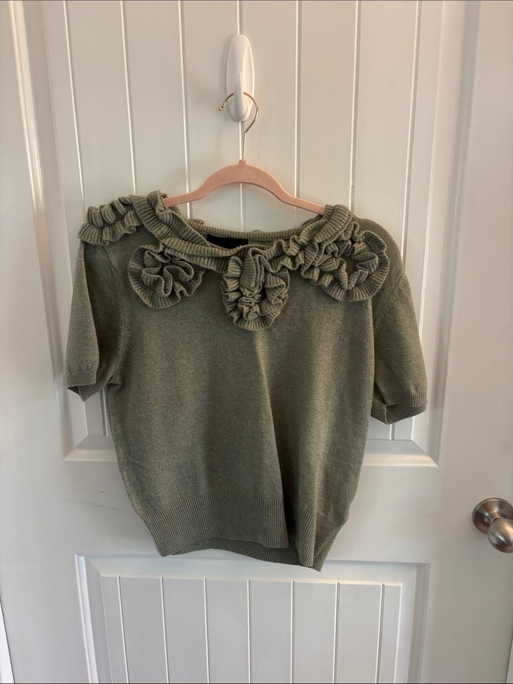 Zara Olive Green Ruffle-Trim Short Sleeve Sweater
